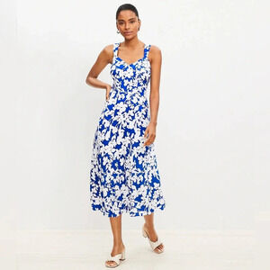 Loft Forget Me Not Seamed V Neck Floral Viscose Midi Dress in Cobalt Current